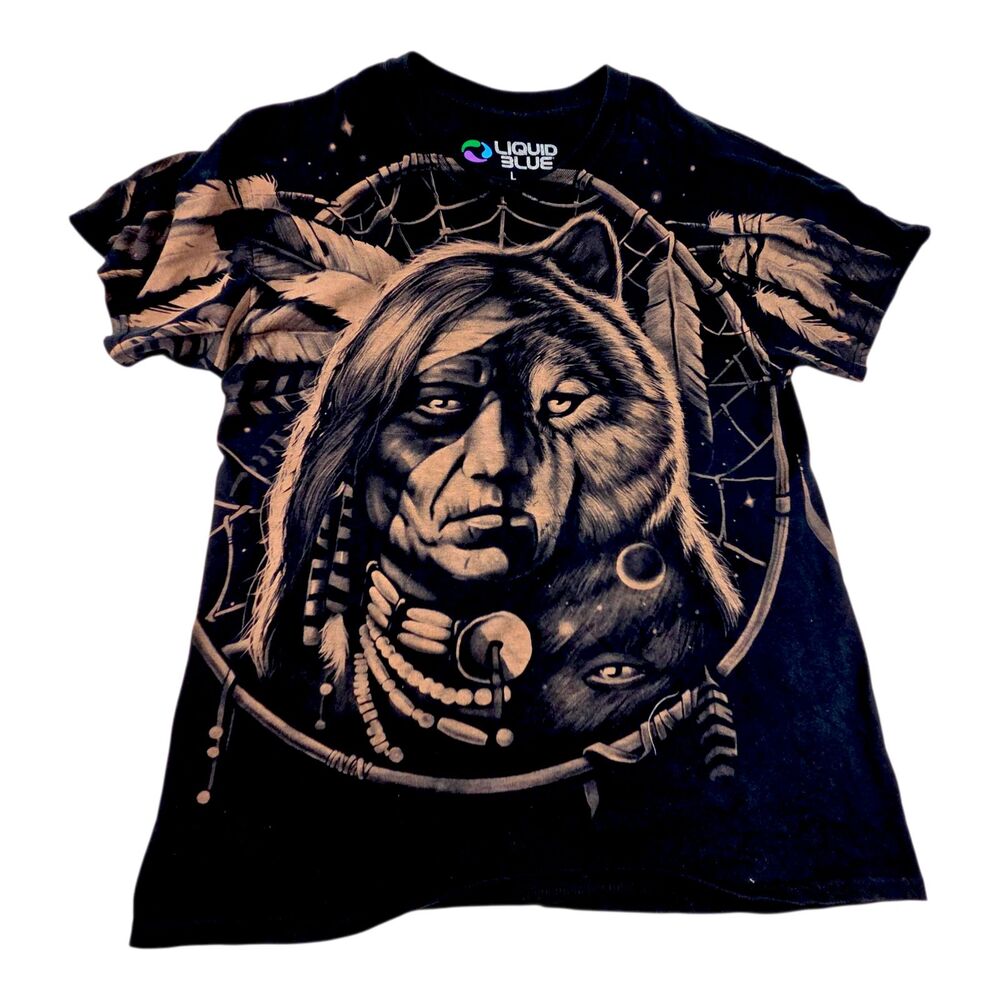 Liquid Blue Shirt Mens Large Wolf Native American Double Sided Graphic 2008 Tee